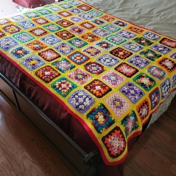 Vintage Granny Square Afghan Throw Blanket Rainbow Multi color Boho Handmade - Picture 9 of 14